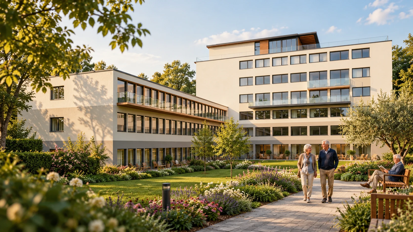 Concept illustration of the Thracian View building with garden paths and older adults enjoying the courtyard